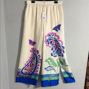 Johnny Was Jade Cream Wide-Leg Pants with Purple & Blue Paisley Print NWT